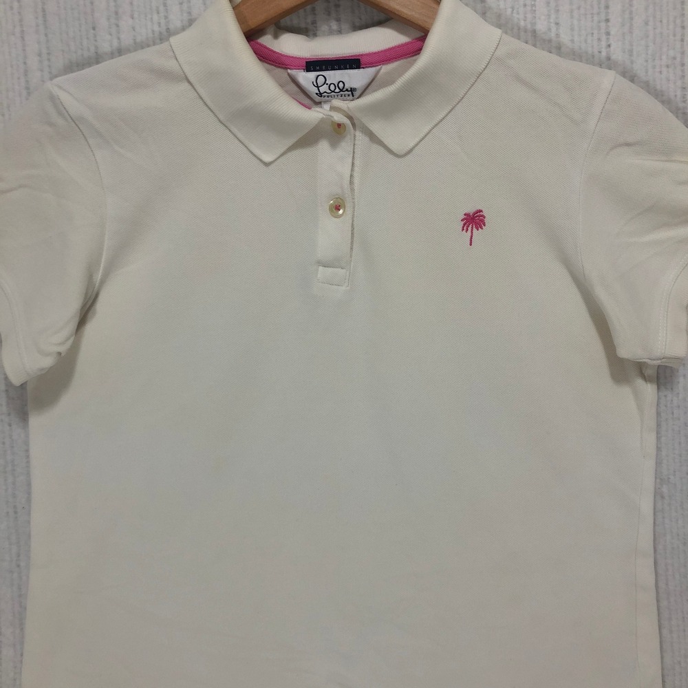 Lilly‎ Pulitzer Womens Shrunken Polo Shirt Cream White Pink Palm Tree Small